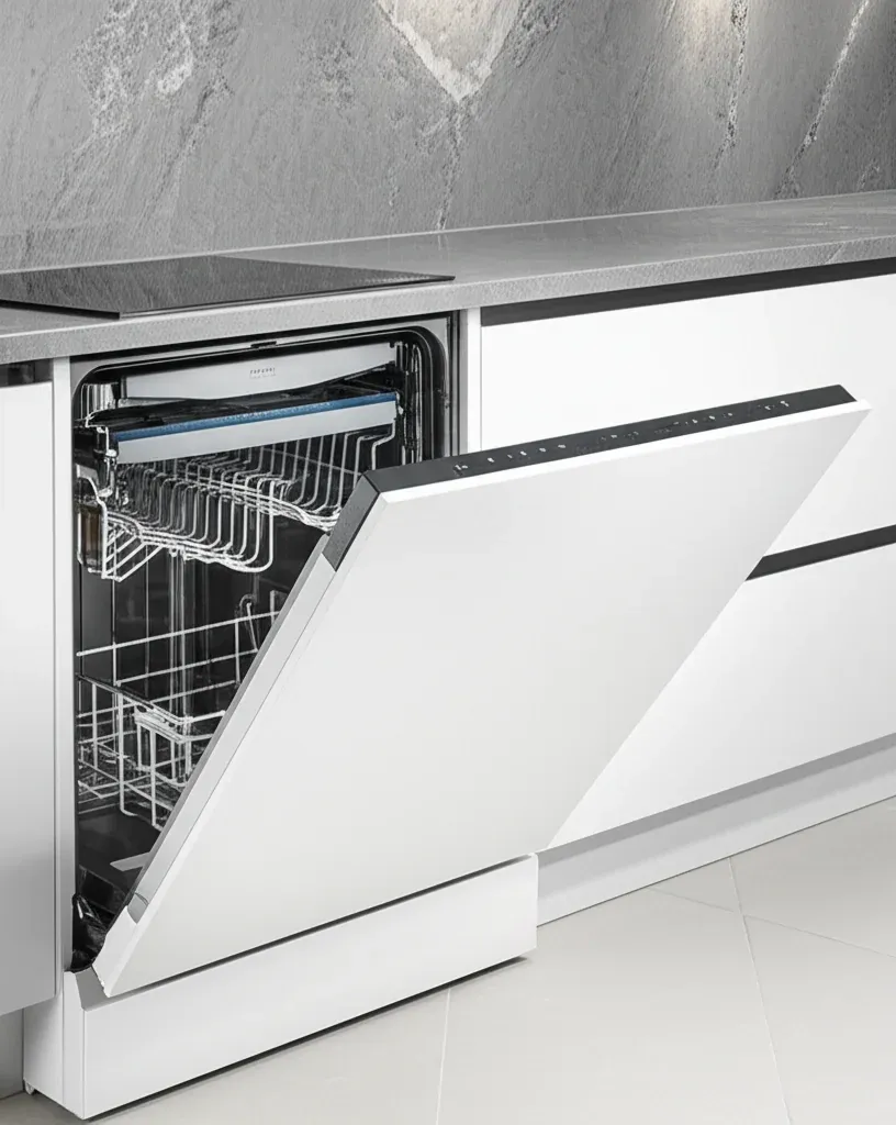 A dishwasher with its door lowered and both racks drawn part-way out, against a pale grey stone counter and white panel front