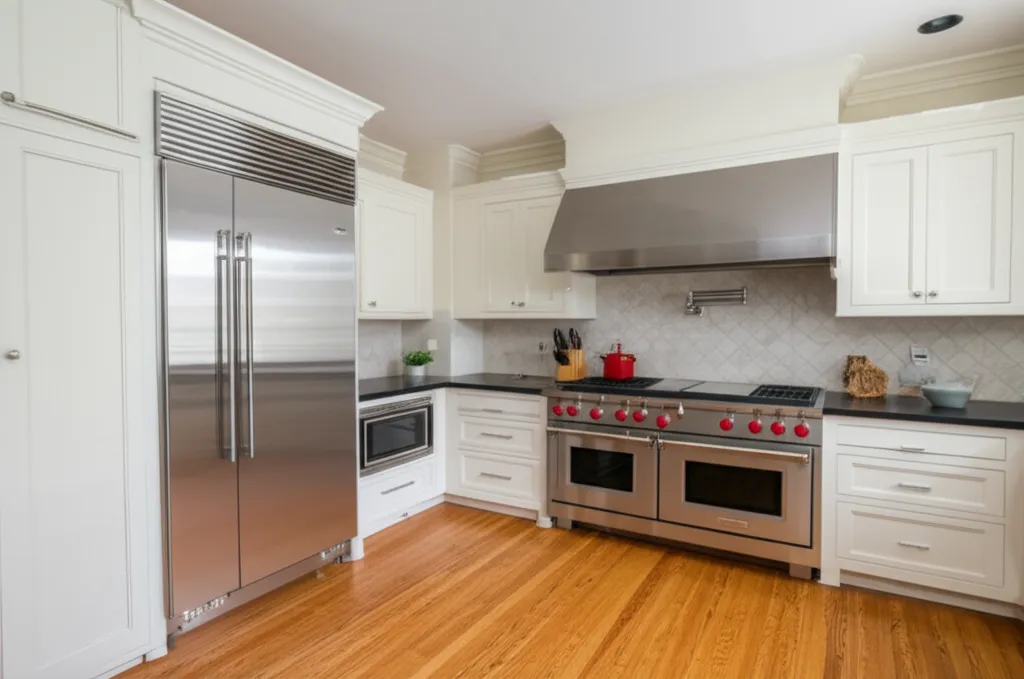 A white kitchen photographed end to end, with a built-in stainless refrigerator on the left, a vent hood and range opposite and a wide oak floor between them