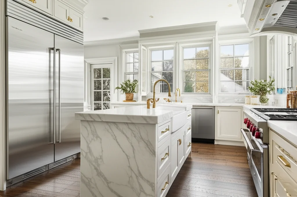 Luxury kitchen with Sub-Zero refrigerator and Wolf range in Wellesley Massachusetts home
